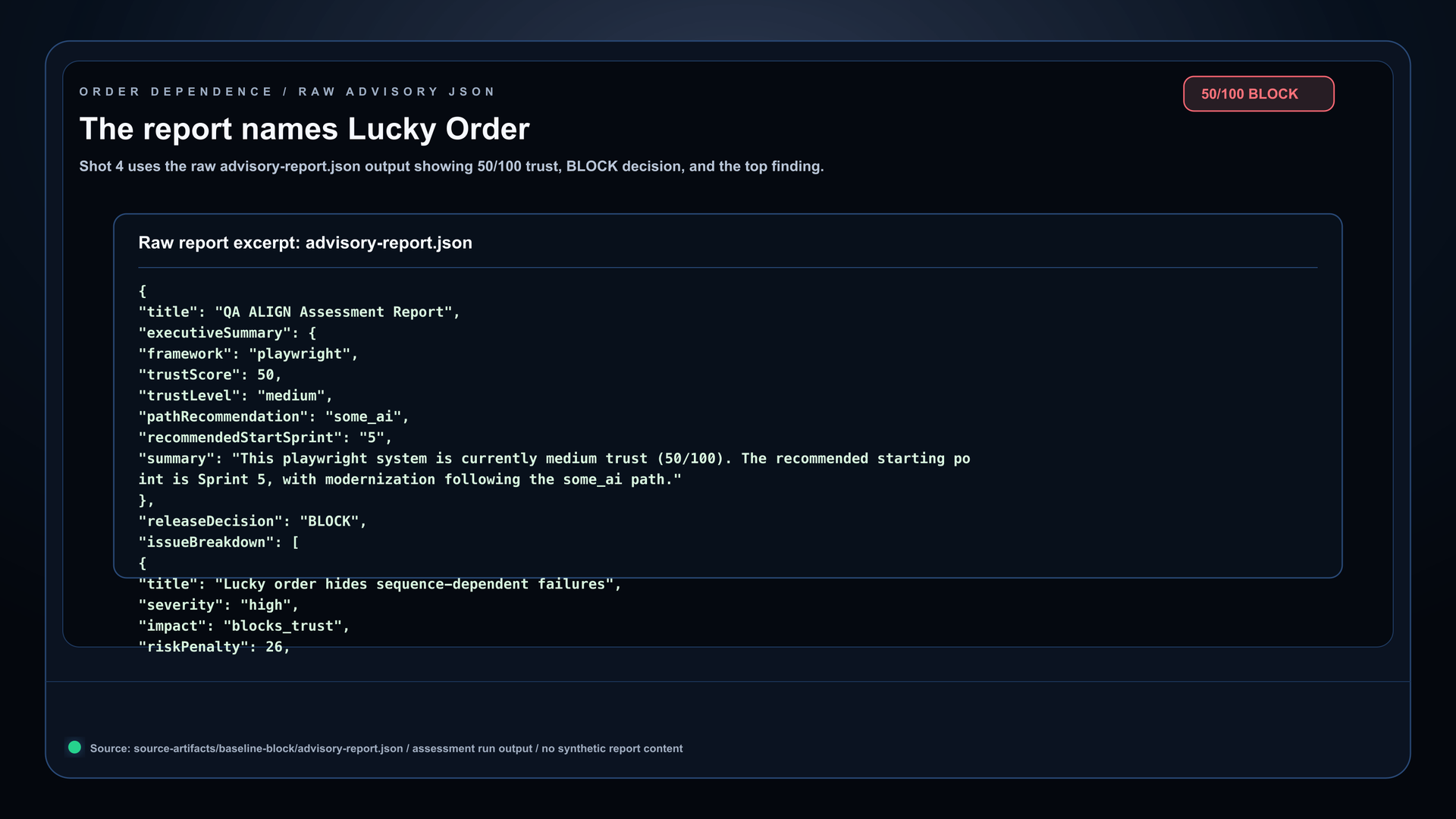 Order Dependence client report naming the lucky-order finding